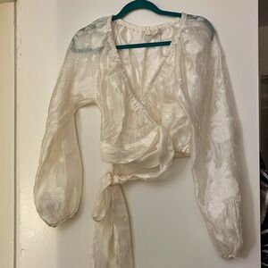 WAYF Cream Sheer Crop Top with Tie Waist